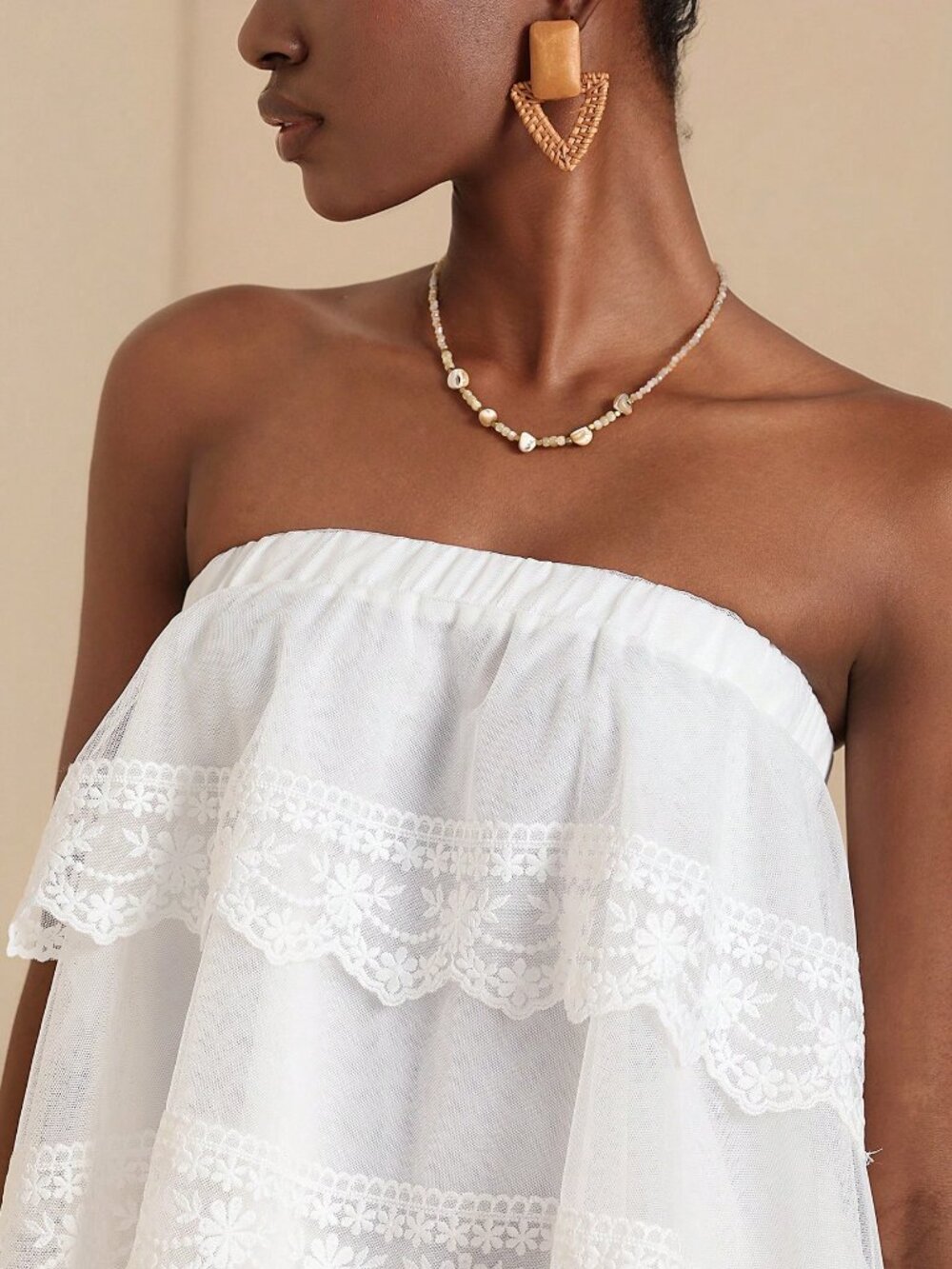 White Boho Women's Lace Trim Bandeau Top - Picture 4 of 5